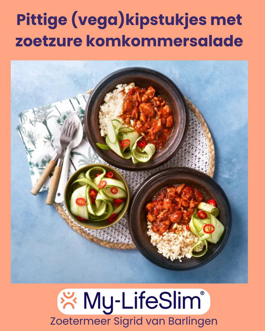 Pittige (vega)kipstukjes met zoetzure komkommersalade